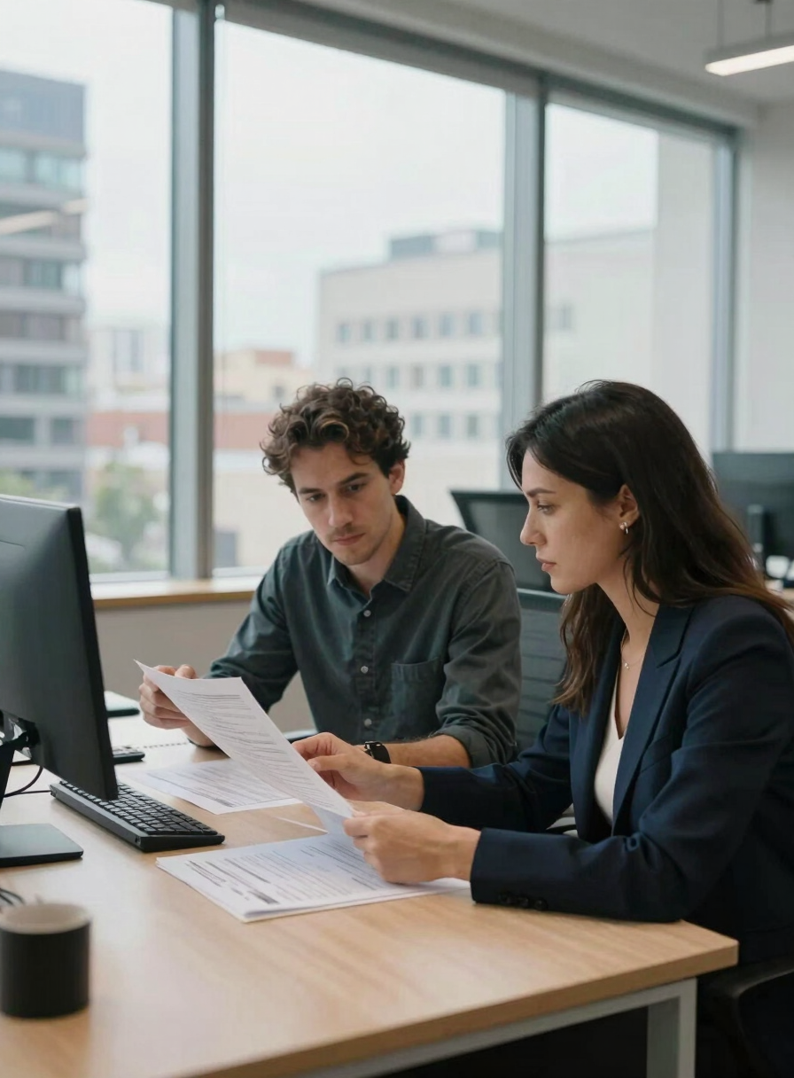 Wide environmental shot of a professional workspace in a Barcelona office, a man and a woman seated at a light wood desk reviewing printed documents, north-facing daylight through tall windows, hands visible on papers, calm and intentional atmosphere